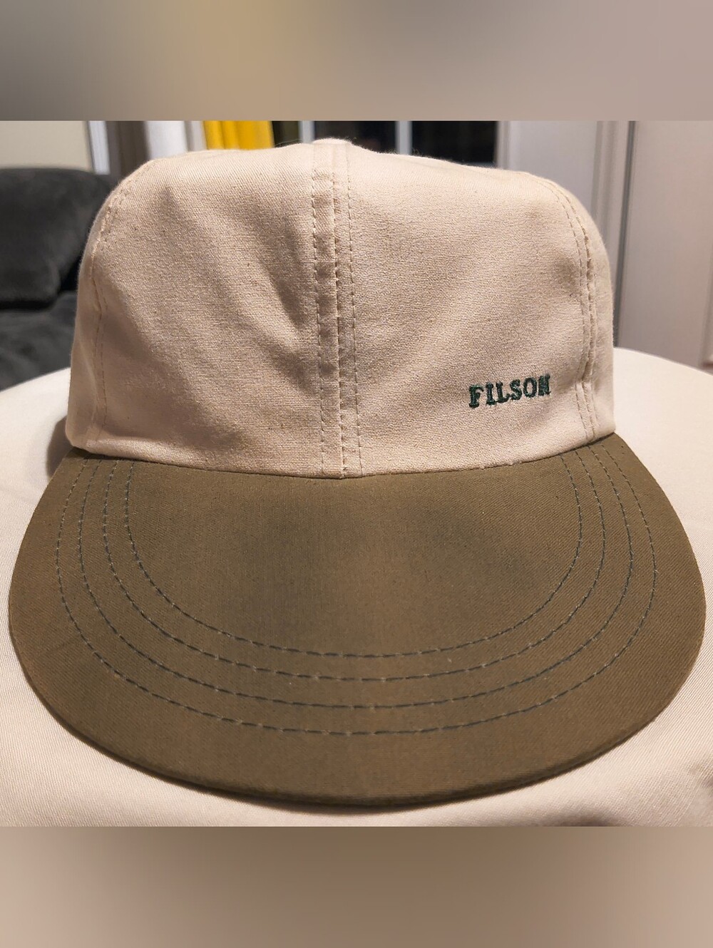 Vintage CC Filson USA Two Toned Canvas Hat Rare Offset Bonded Leather Sweatband